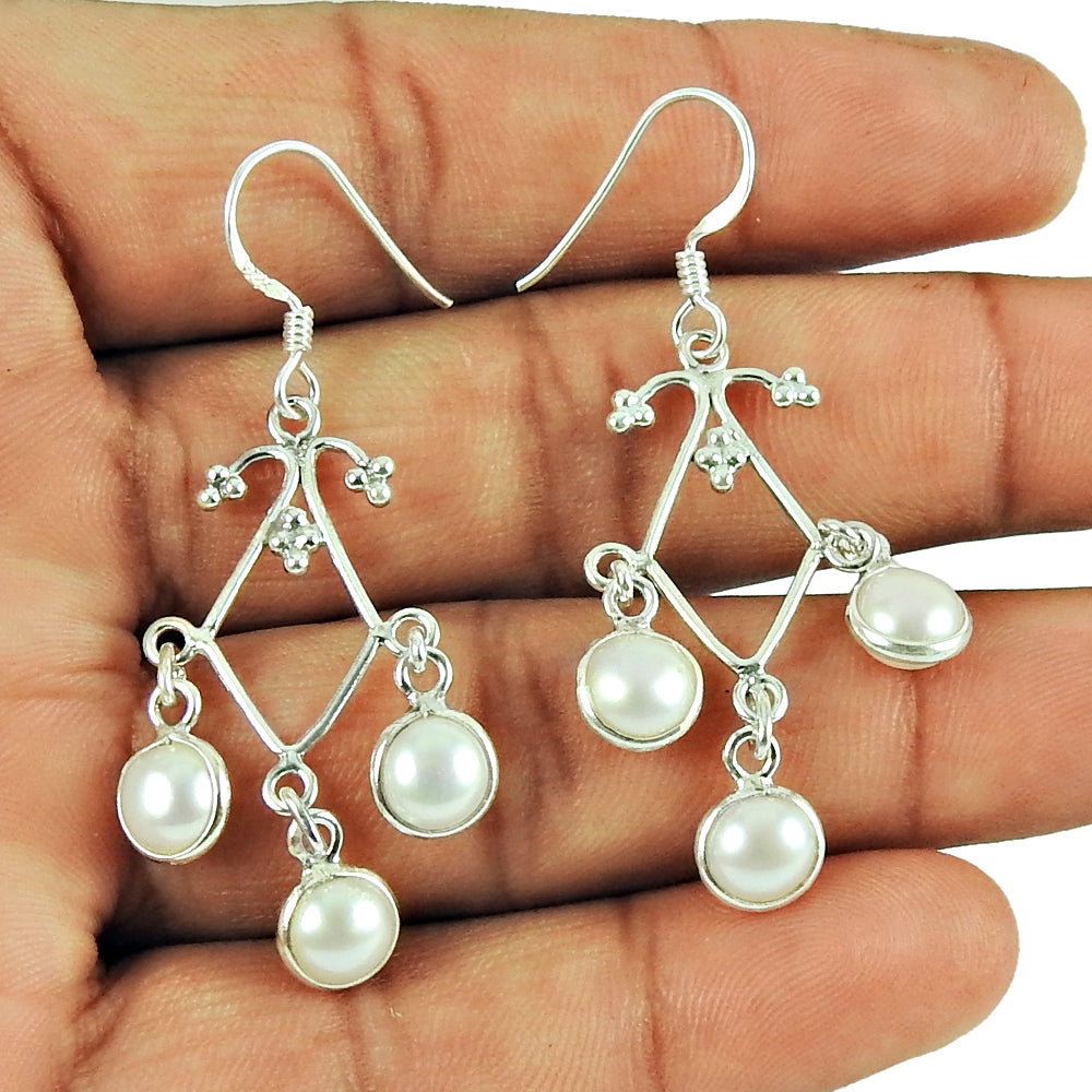 Round Pearl 925 Solid Silver June Boho Hook Wife Dangle Drop Earrings