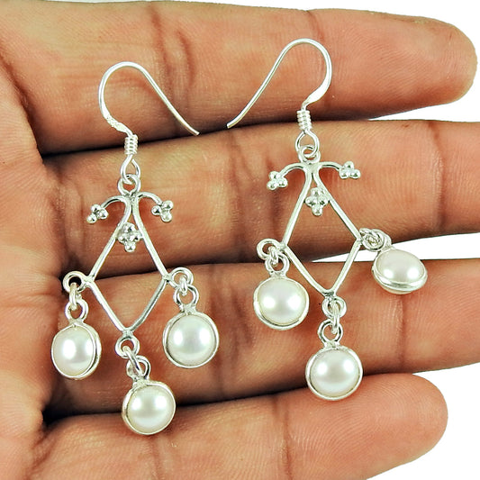 Round Pearl 925 Solid Silver June Boho Hook Wife Dangle Drop Earrings