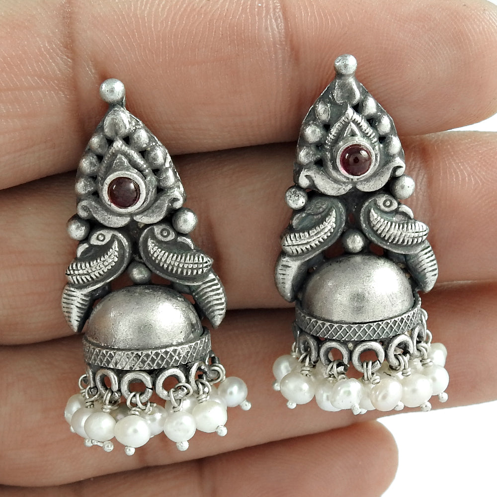 Natural Garnet Gemstone 925 Silver Drop Dangle Jhumki Earrings For Women F34