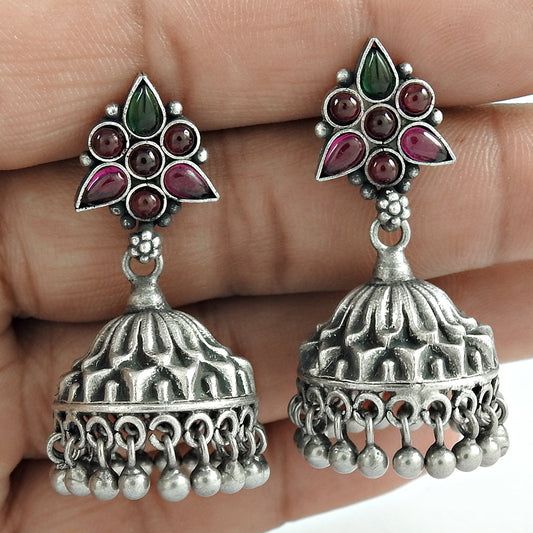 925 Sterling Silver Pear Ruby Gemstone Dangle Bezel Tribal August Birth Earrings