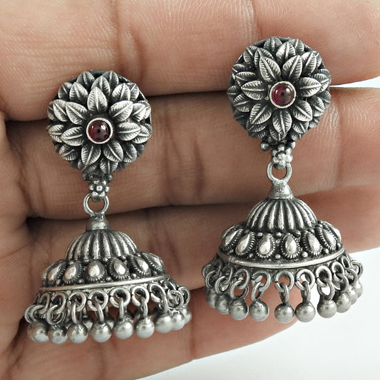 Gift For Woman Drop Dangle Jhumki Earrings 925 Silver Natural Garnet H62