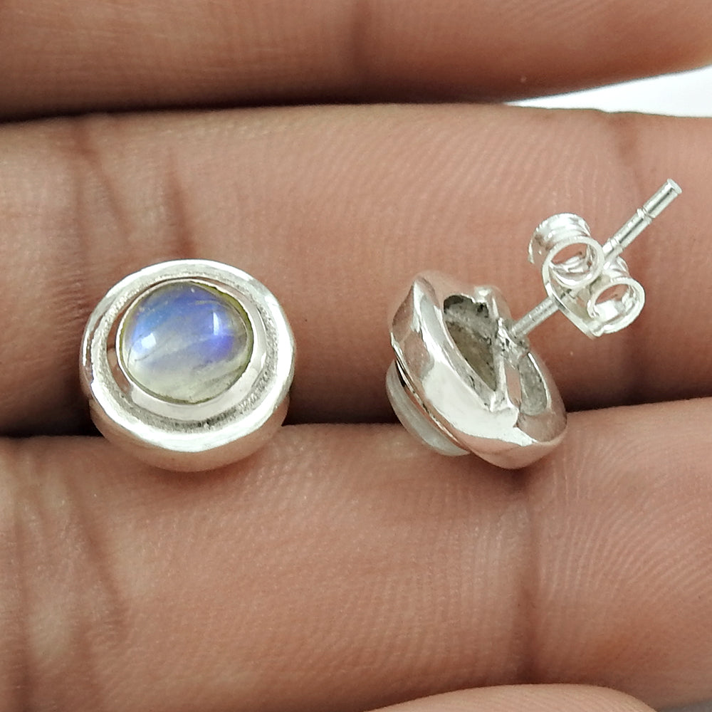 Natural Rainbow Moonstone Gemstone Stud Tribal Earrings 925 Sterling Silver Jewelry Q3