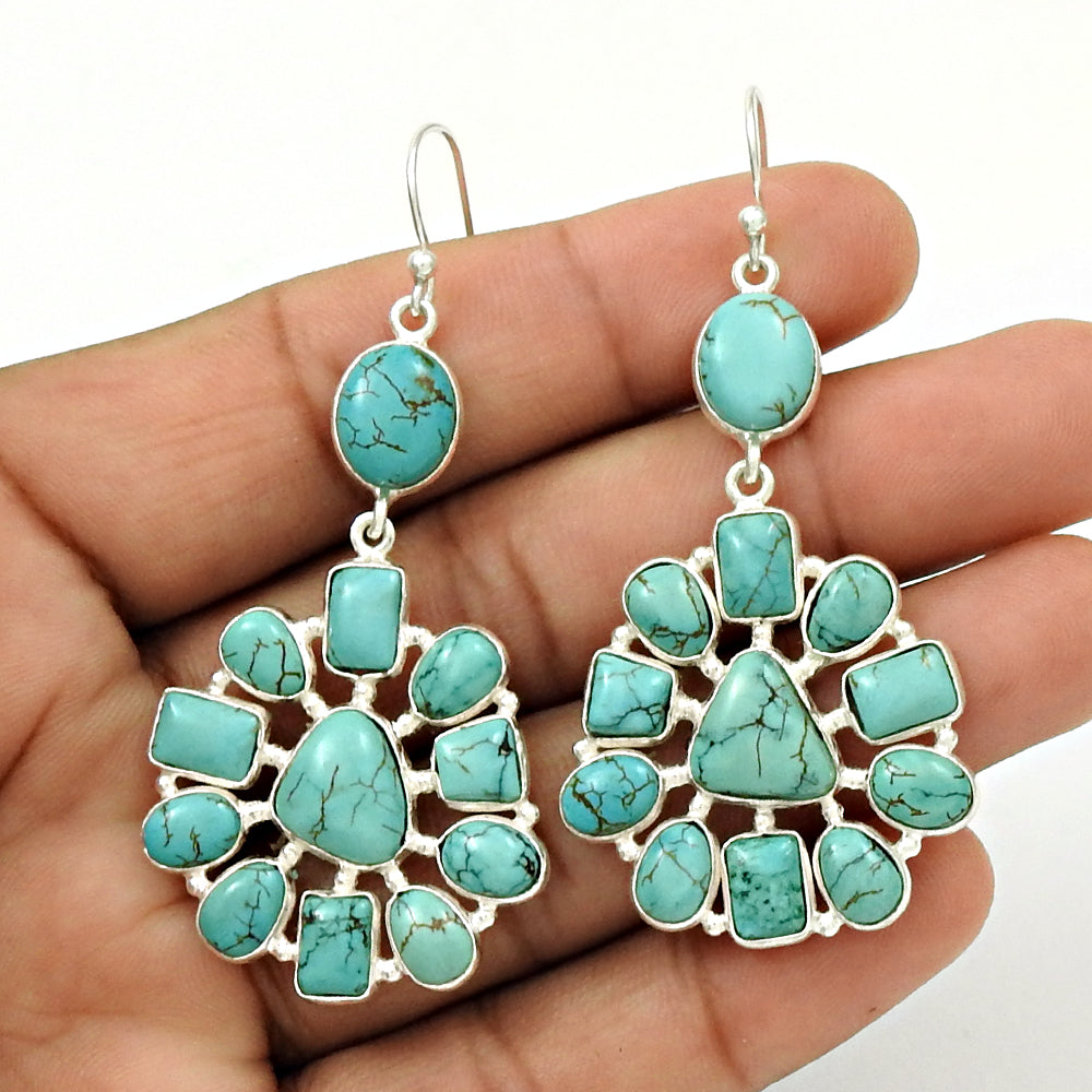 Sterling Silver Turquoise Gemstone New Vintage Sister Dangle Drop Bezel Earrings