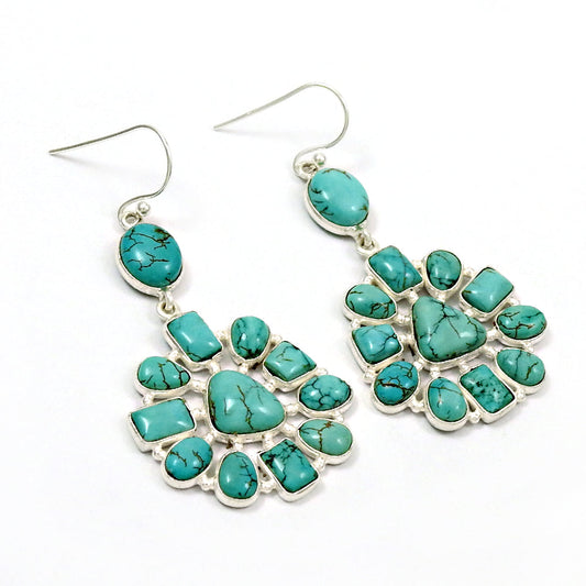 Sterling Silver Turquoise Gemstone New Vintage Sister Dangle Drop Bezel Earrings