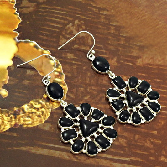 Gift Artisan Earrings 925 Silver Wholesale Jewelry Natural Black Onyx Gemstone V2