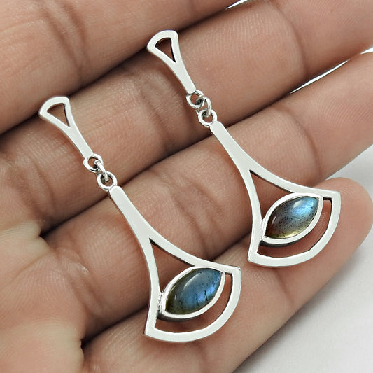 Natural Labradorite Gemstone Drop Dangle Bohemian Blue Earrings 925 Silver T63