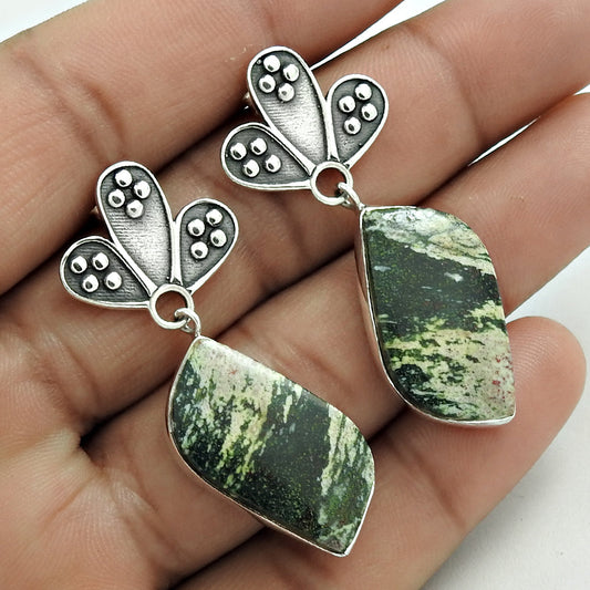 925 Silver Jasper Gemstone Butterfly Engagement Dangle Drop Vintage New Earrings