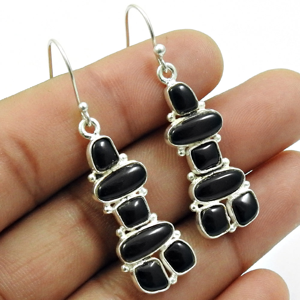 Wedding Gift For Her 925 Silver Natural Black Onyx Drop Dangle Inukshuk Earrings R63