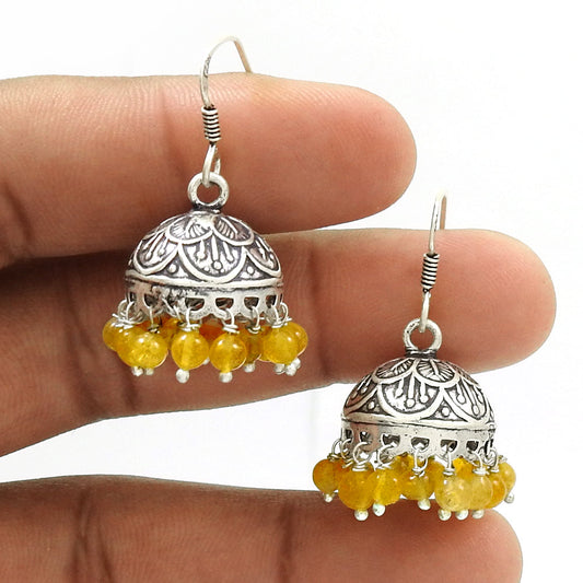 Natural Citrine Gemstone 925 Silver Drop Dangle Jhumki Earrings For Women Q3