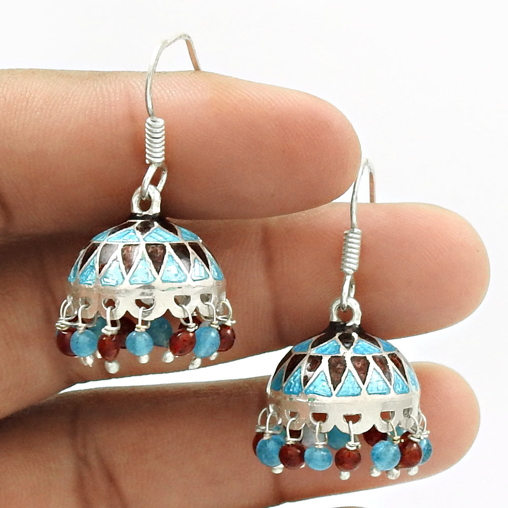 Natural Garnet 925 Silver Drop Dangle Enamel Jhumki Earrings For Women V3