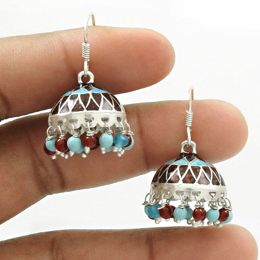 925 Silver Natural Garnet Turquoise Blue Topaz Enamel Jhumki Earrings For Her