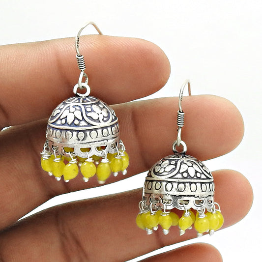 Gift For Woman Drop Dangle Jhumki Earrings 925 Silver Natural Yellow Onyx Gemstone G45