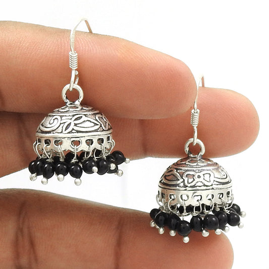 Natural Black Onyx Gemstone Drop Dangle Jhumki Black Earrings 925 Sterling Silver M46