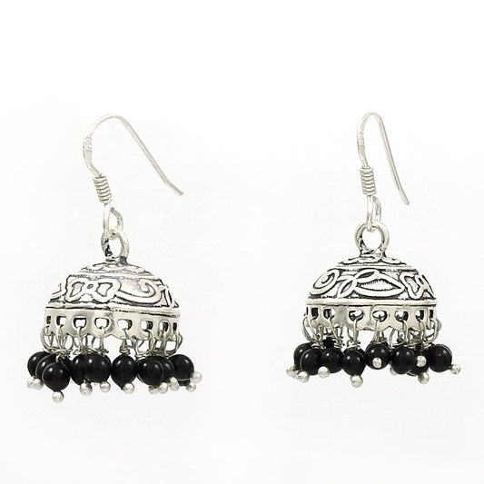 Natural Black Onyx Gemstone Drop Dangle Jhumki Black Earrings 925 Sterling Silver M46