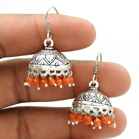 Gift For Her 925 Silver Natural Carnelian Drop Dangle Handmade Jhumki Earrings