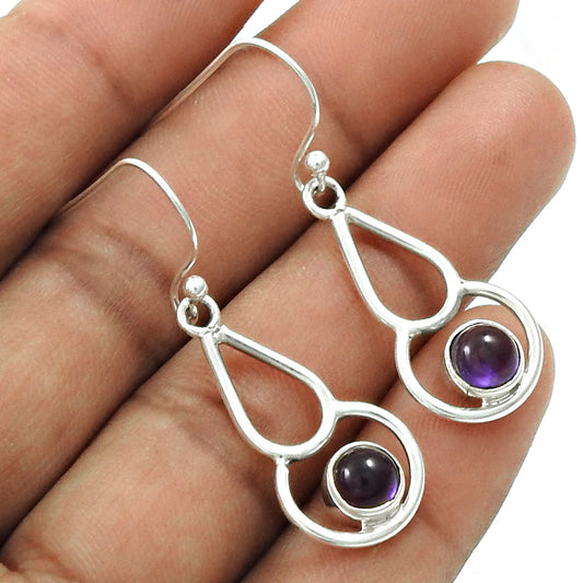 Sterling Silver Round Natural Amethyst Dangle Boho Wedding Handcrafted Earrings