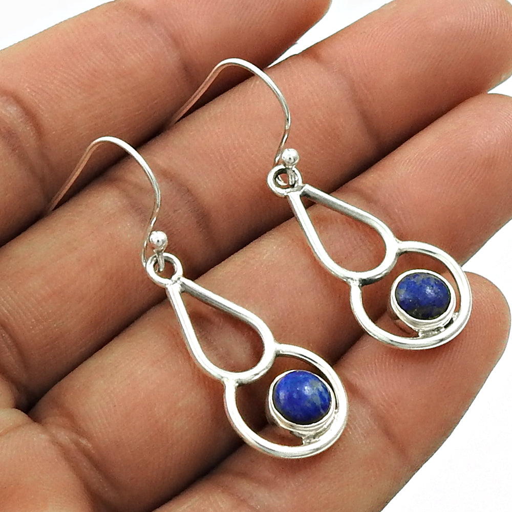 Natural Lapis Lazuli Gemstone Drop Dangle Tribal Blue Earrings 925 Silver G55