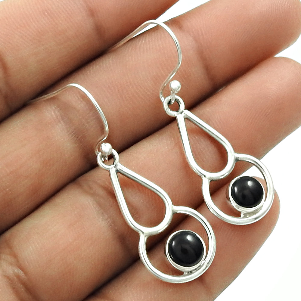 Natural Black Onyx Gemstone Drop Dangle Vintage Black Earrings 925 Sterling Silver W55