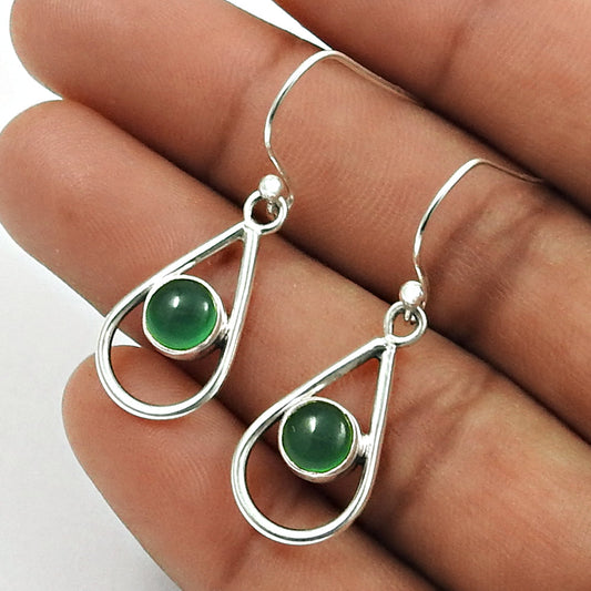 Woman Gift Natural Green Onyx Drop Dangle Vintage Earrings 925 Silver Y4