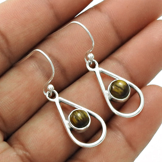 Tiger Eye Gemstone 925 Sterling Silver Mother Dangle Tribal Unique Earrings