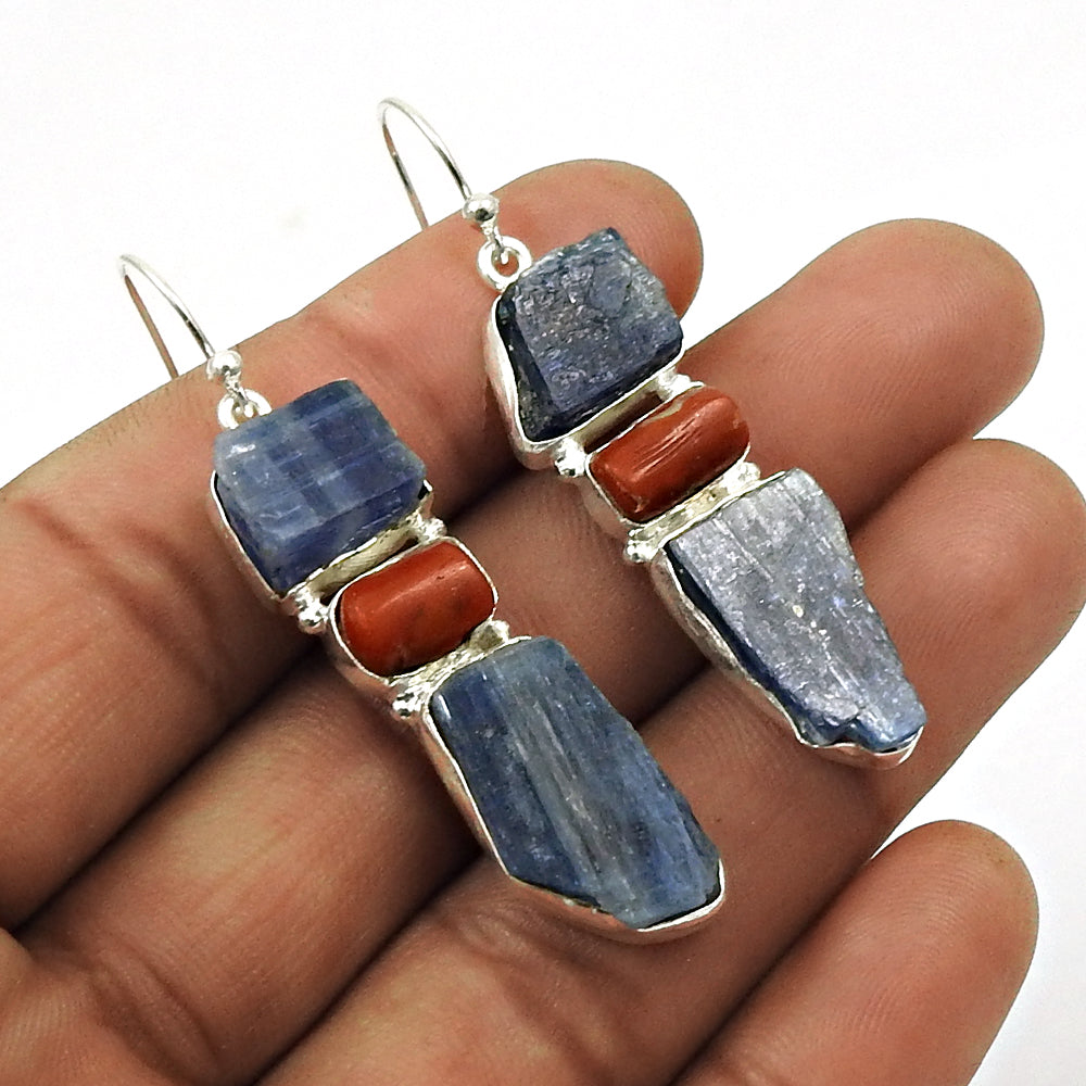 Woman Gift Natural Kyanite Drop Dangle Rough Stone Earrings 925 Silver B5