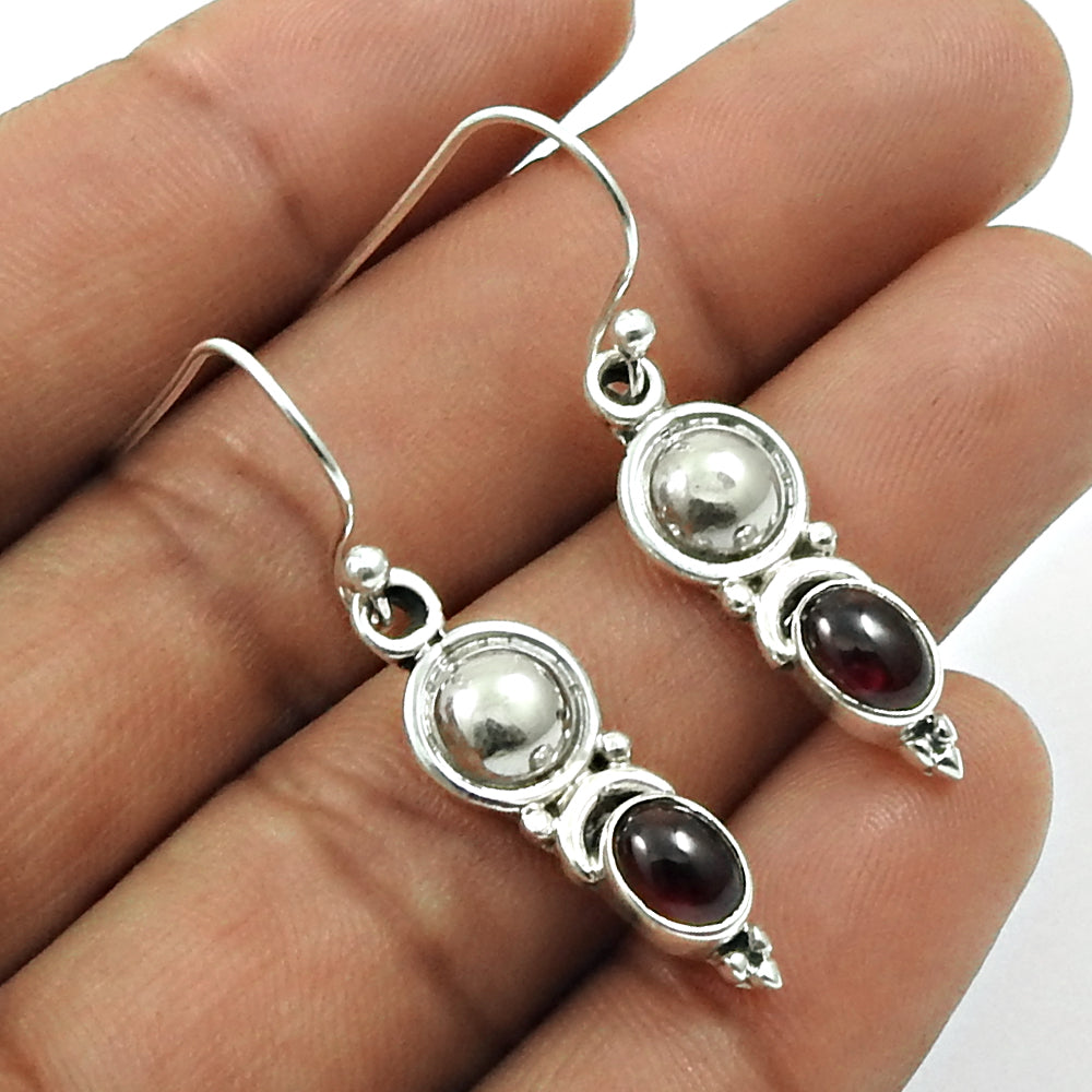 Oval Natural Garnet Dangle Drop Bezel Tribal Hook Earrings 925 Sterling Silver