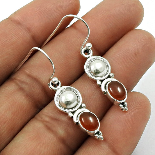 Carnelian Gemstone Bezel Dangle Hook Sister Vintage Earrings 925 Solid Silver