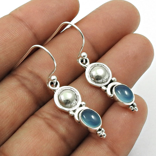 Chalcedony Gemstone 925 Silver Hook Artisan Birthday Drop Ethnic Bezel Earrings