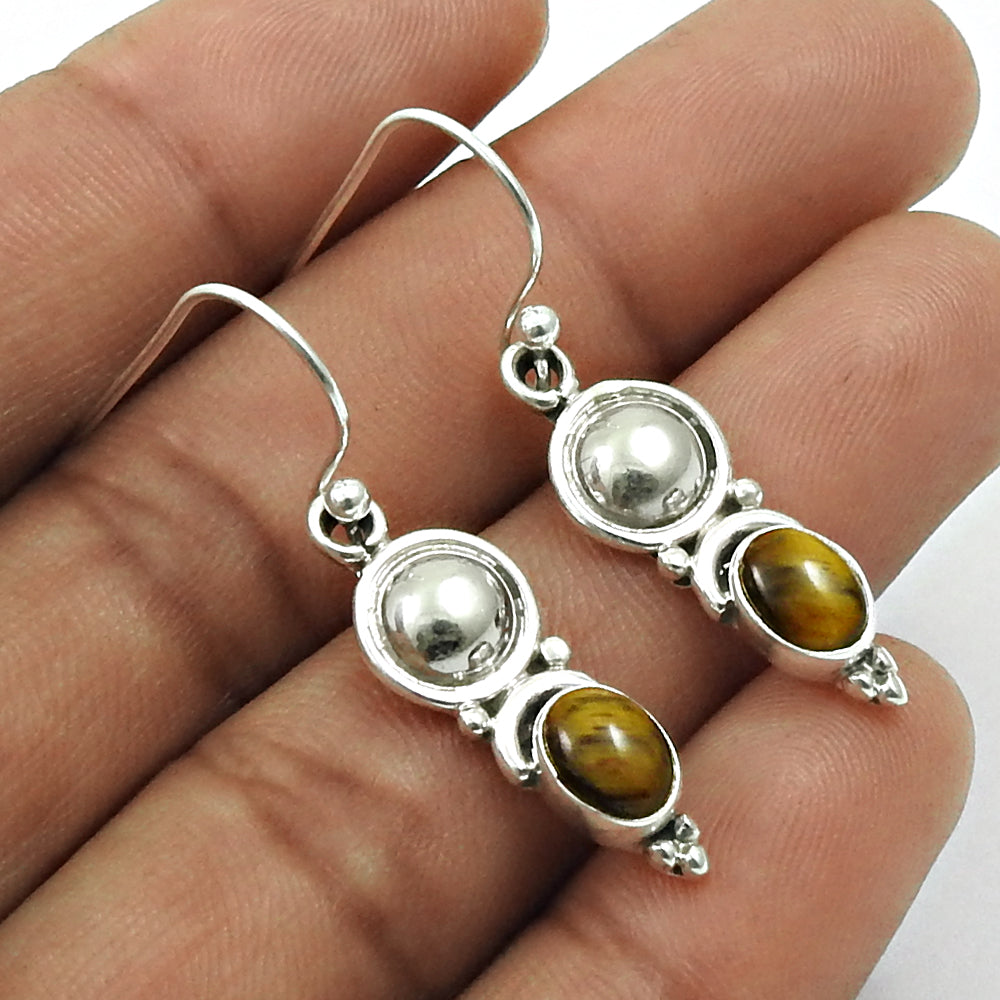 Natural Tiger Eye Gemstone Drop Dangle Boho Brown Earrings 925 Silver D40