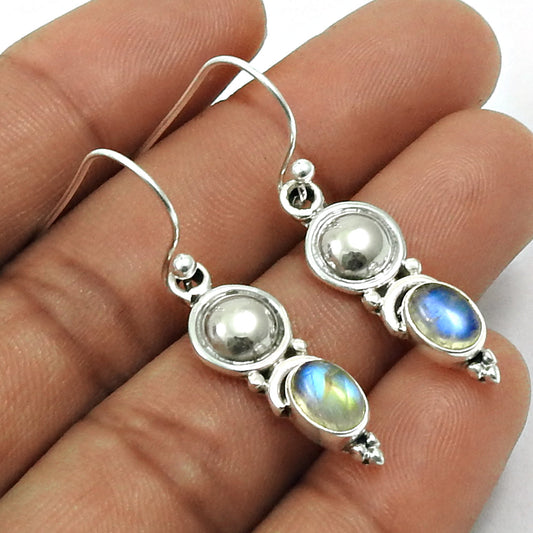 Natural Rainbow Moonstone Drop Dangle Bohemian Earrings 925 Silver For Girls E5