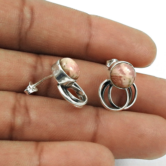 Natural Pink Rhodochrosite Gemstone 925 Silver Stud Earrings Gift For Woman F35