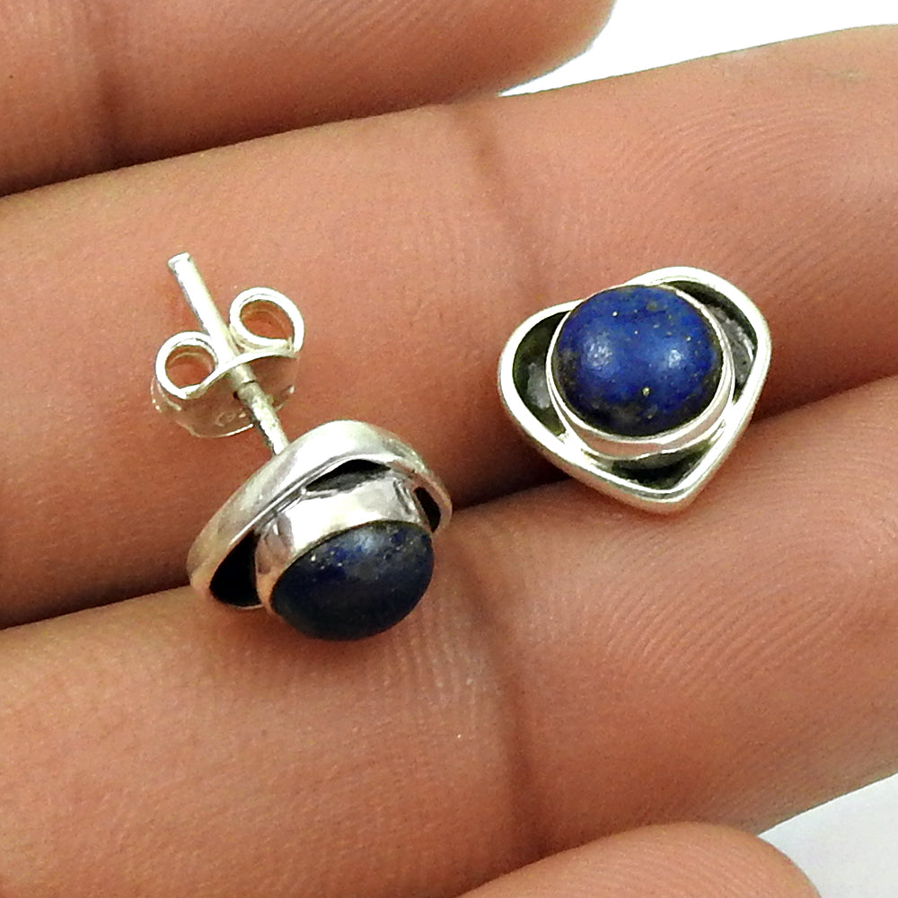 Woman Gift Natural Lapis Lazuli Stud Heart Earrings 925 Sterling Silver O2