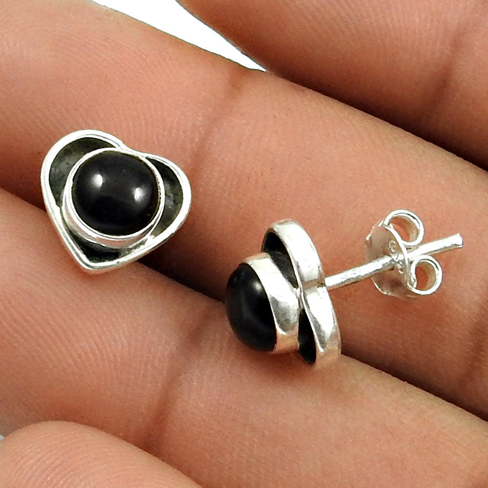 Gift For Woman Stud Heart Earrings 925 Sterling Silver Natural Black Onyx Gemstone R2