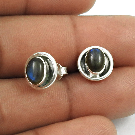 Woman Gift 925 Sterling Silver Natural Labradorite Stone Stud Earrings C6