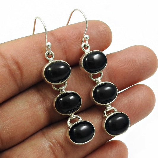 Natural Black Onyx Gemstone Drop Dangle Boho Earrings 925 Sterling Silver Jewelry D11