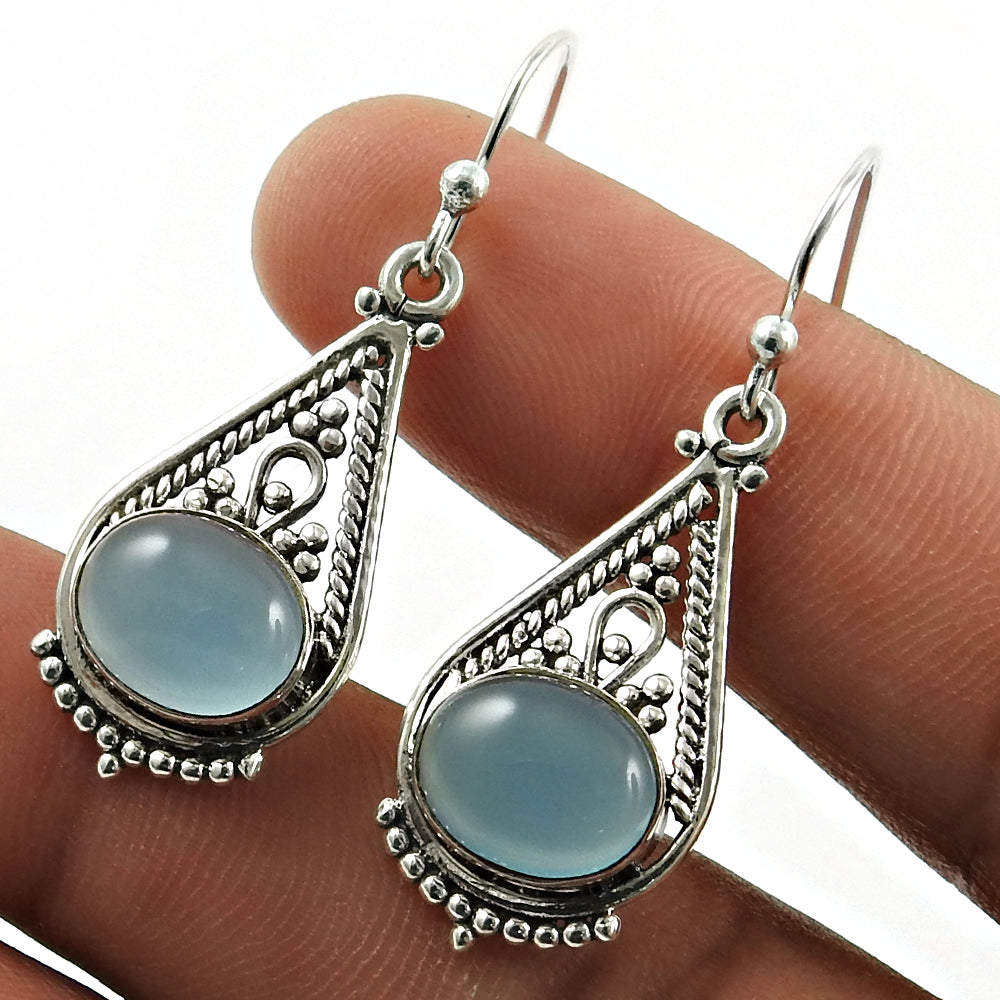 Woman Gift 925 Silver Natural Chalcedony Drop Dangle Tribal Earrings J6