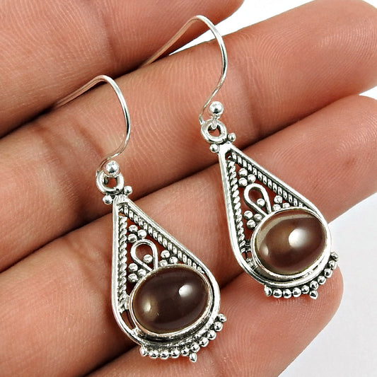 Natural Smoky Quartz Drop Dangle Bohemian Earrings 925 Silver For Girls L6