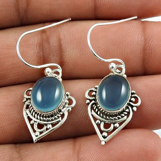 Oval Natural Chalcedony 925 Sterling Silver Boho Anniversary Dangling Earrings