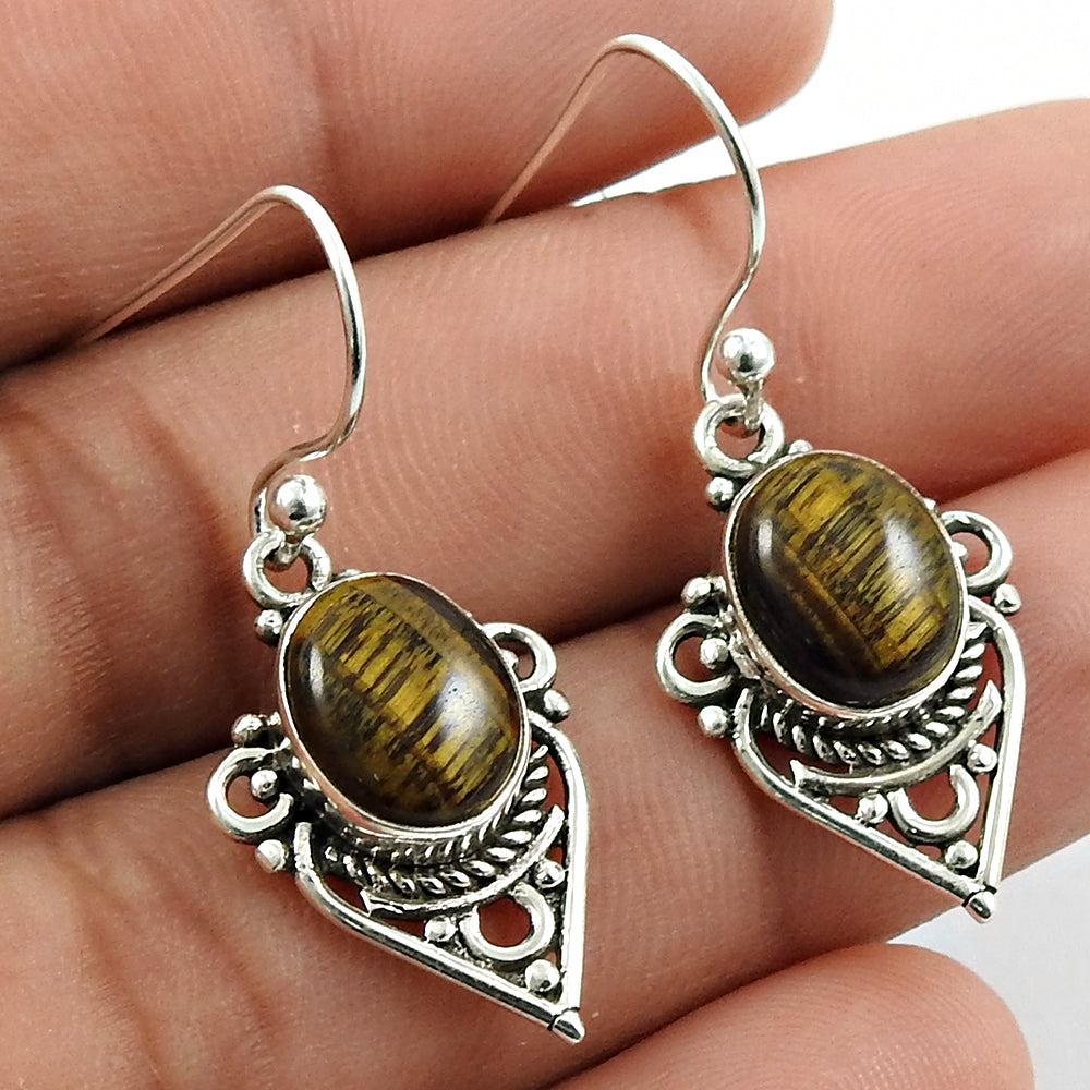 Gift For Her Natural Tiger Eye Drop Dangle Tribal Earrings 925 Silver R8