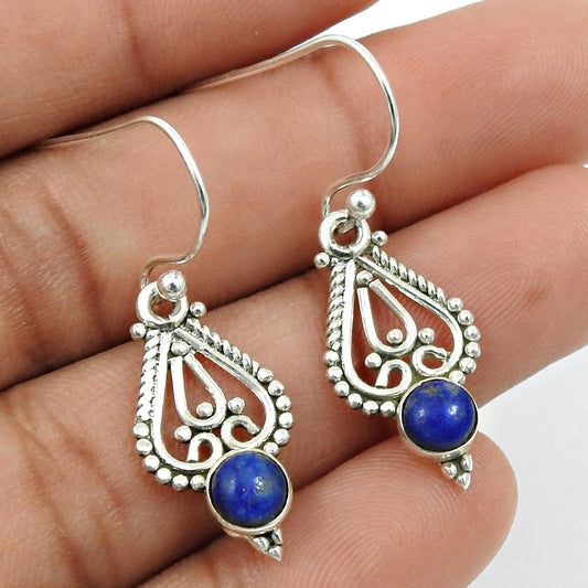 Natural Lapis Lazuli 925 Silver Drop Dangle Artisan Earrings For Women G6