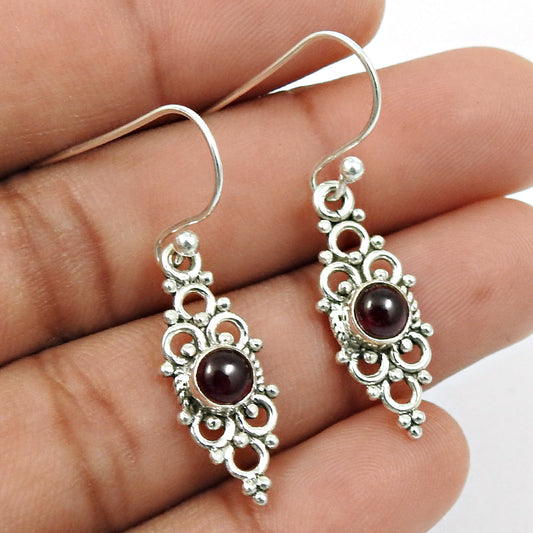 Natural Garnet Dangle Drop Anniversary Artisan Wife Earrings 925 Solid Silver