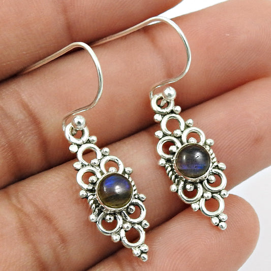 Drop Dangle Antique Look Earrings 925 Silver Natural Labradorite V5