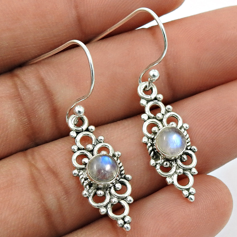 Rainbow Moonstone Gemstone Artisan Dangle Handmade Earrings 925 Sterling Silver