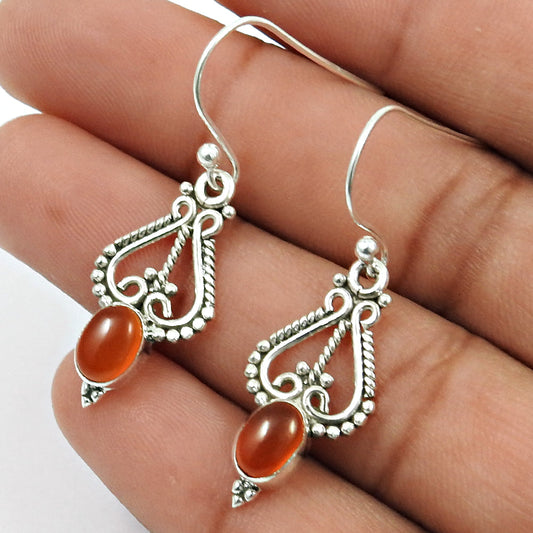 Natural Carnelian Gemstone Drop Dangle Artisan Earrings 925 Silver For Girls J6