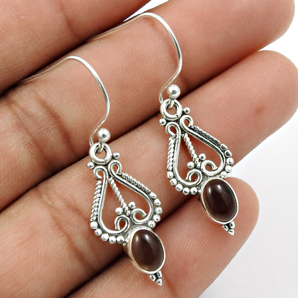 Oval Smoky Quartz Gemstone Artisan Dangle Drop Boho Earrings 925 Sterling Silver