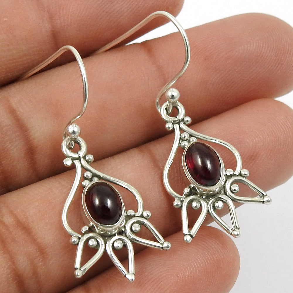 Natural Garnet Gemstone Drop Dangle Bohemian Earrings 925 Silver For Girls N6