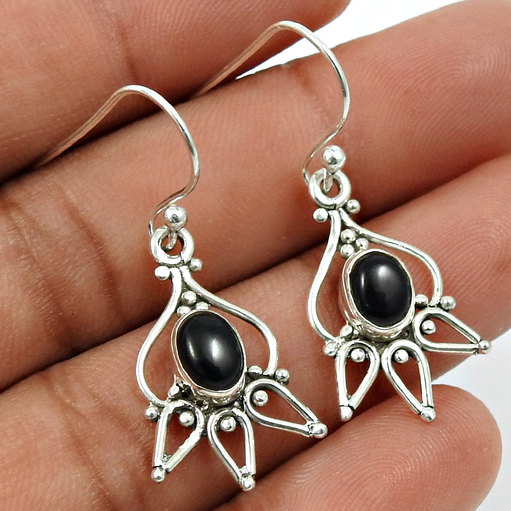 Woman Gift Natural Black Onyx Drop Dangle Bohemian Earrings 925 Silver B16