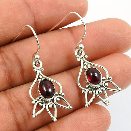 Natural Garnet Gemstone Drop Dangle Tribal Earrings 925 Silver For Girls Q2