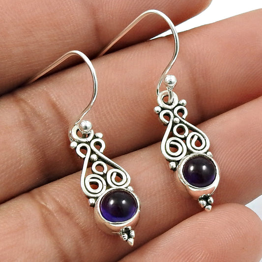 Natural Amethyst Gemstone Drop Dangle Tribal Earrings 925 Sterling Silver C18