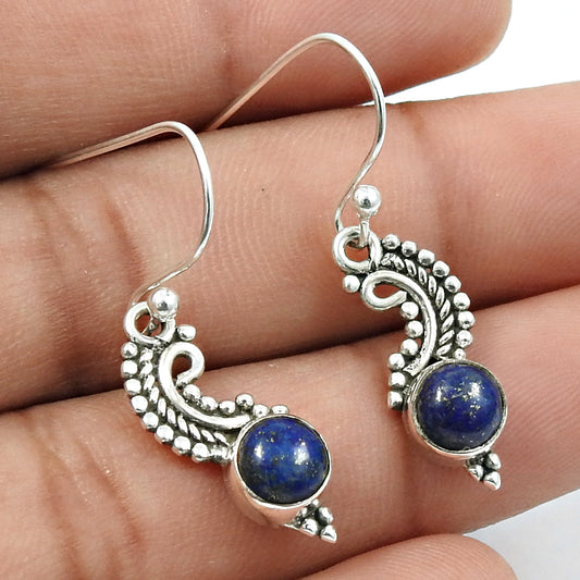 Lapis Lazuli Gemstone Dangle Bezel Hook Antique Look Earrings 925 Solid Silver